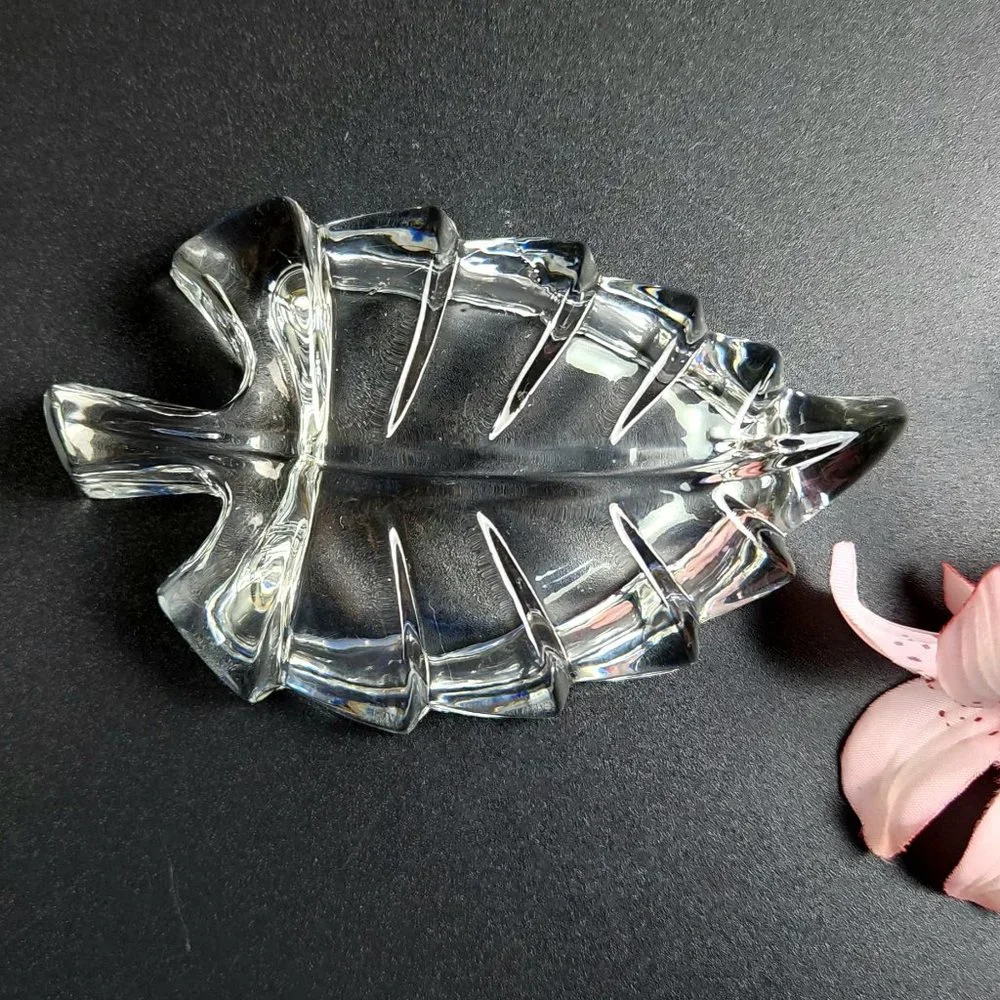 Vintage Crystal Leaf Shaped Ring Dish - 4 1/4